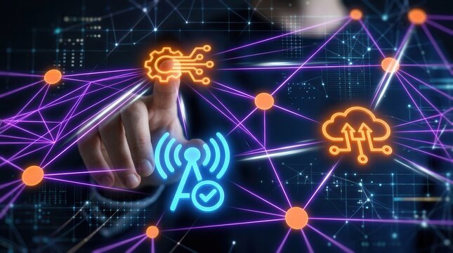 A hand interacting with three colored icons representingNetwork spans neon purple mesh points across orange circular node points building diagonal arrangement using edge glow