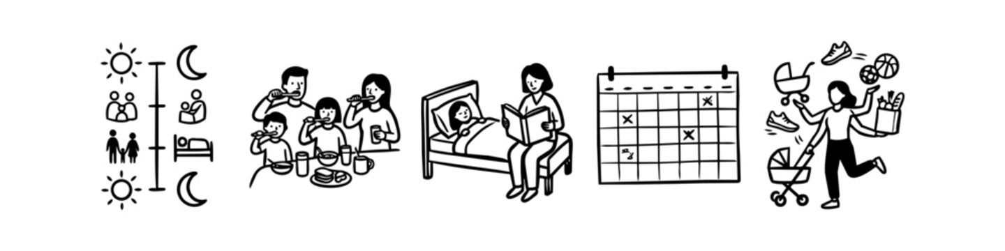 Hand-drawn line art icons depicting family daily routines, including brushing teeth, bedtime stories, calendar planning, and a multitasking mother juggling household chores.