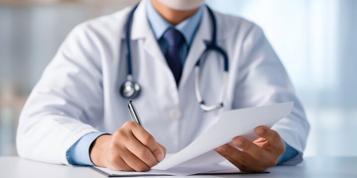 Doctor in white coat writing prescription with stethoscope around neck at desk