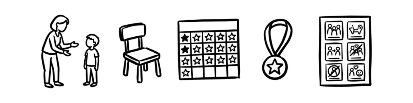 Set of hand-drawn doodle icons for child behavior management and education, featuring a reward chart, achievement medal, visual schedule, and teacher-student interaction.