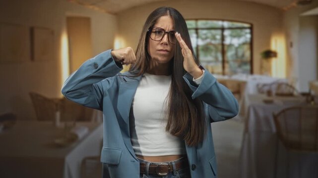Young hispanic woman with glasses holds finger to lips for silence in a restaurant dining room with tablecloths and wicker chairs; concern.