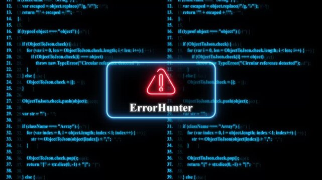 Error hunter software debugging interface with glowing warning and scrolling program code background