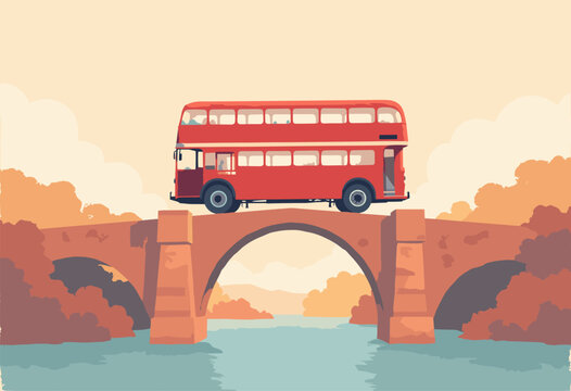 clean flat poster antique, red doubledecker bus, rendered severe minimalist profile bus is driving across flat geometric bridge Limited color palette red, cream No text