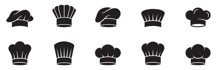 Obraz premium Chef hats silhouettes icons. Large set of chef hats silhouettes icons. Collection of professional cook toque and bakery headwear symbols. Vector Illustration