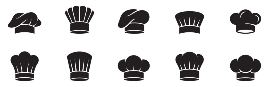 Chef hats silhouettes icons. Large set of chef hats silhouettes icons. Collection of professional cook toque and bakery headwear symbols. Vector Illustration