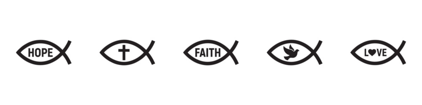 Christian fish icon. Sign of jesus. Logo of christianity. Religious symbol for faith, christ and bible. Black emblem of ictus for religion, god. Graphic design silhouettes on white background. EPS 10