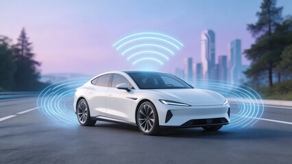 Fototapeta premium White electric car on road with wireless signals