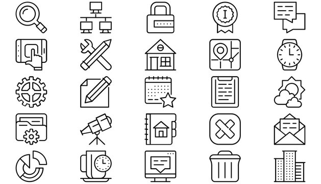 25 Minimalist Black Vector Icon Set Collection Bundle for Web and App UI Design. Includes Business, Technology, Security, Communication, Navigation, Real Estate, Weather, and Data Analytics Symbols.