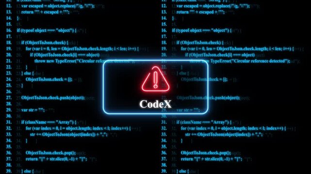Digital code x error alert: glowing neon warning over scrolling software programming script background