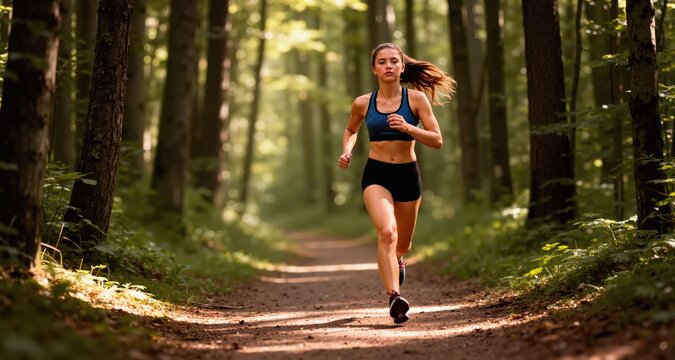 Athletic girl running along the forest path
