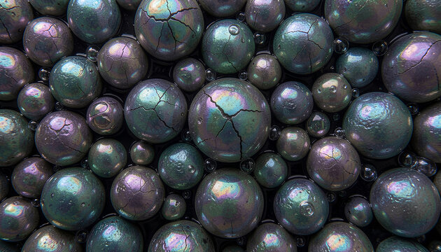 A macro shot of rare earth mineral bubbles packed tight together with rainbow purple-blue shine and a few popped and deflating