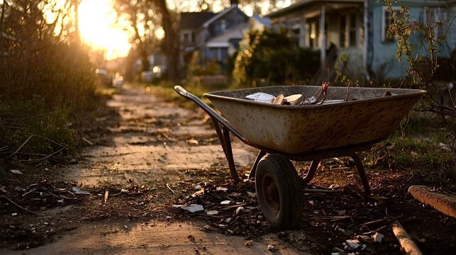 Wheelbarrow full of debris on neglected street during sunset