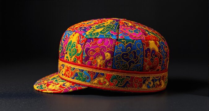 colorful traditional asian skullcap cap on a dark background

