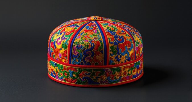 colorful traditional asian skullcap cap on a dark background
