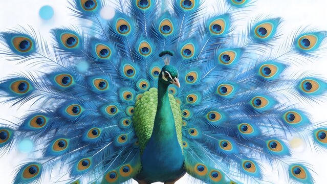 Peacock with fanned tail feathers