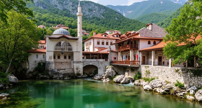 Dervish monastery or tekke at the Buna River spring in Blagaj, Bosnia and Herzegovina

