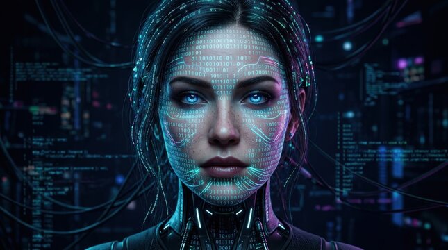A digital human head with luminous binary code overlay, subtle gradients, advanced cyber aesthetic, dark immersive backdrop, ultra-realistic, no logos.
