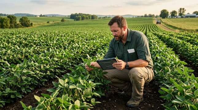 A male agronomist crouching in a farm field examining crops while reviewing data on a tablet, lush green agricultural landscape, warm outdoor natural light, focused and methodical plant disease