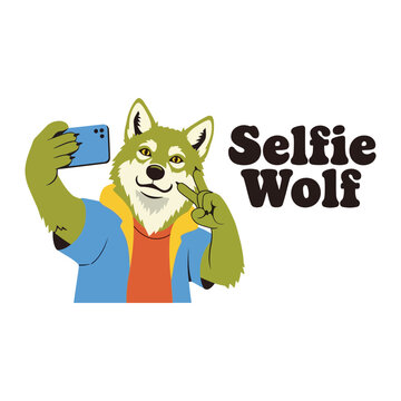 Green Wolf Taking Selfie with Smartphone cartoon wolf