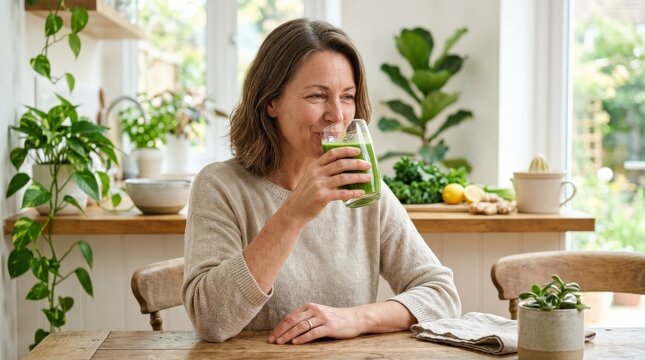 A middle-aged woman drinking green juice, natural expression, glass catching the light and a bright wellness setting, clean soft illumination with a calm healthy-living atmosphere, ultra-realistic, no