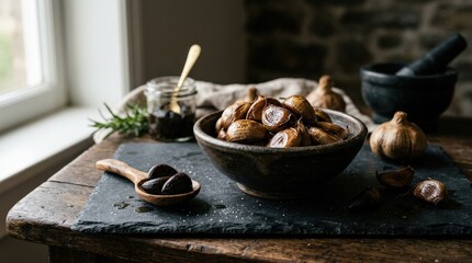 Fototapeta premium Black garlic presented as a premium health food, glossy dark cloves and rustic natural styling on a clean surface, moody refined lighting and a sophisticated wellness atmosphere, ultra-realistic, no