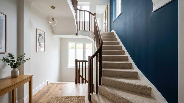 A beige carpeted winder staircase in a renovated home, white walls, a contrasting dark blue accent wall and clean architectural lines, soft daylight and a polished cozy atmosphere, ultra-realistic, no