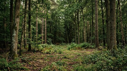 Obraz premium An empty forest clearing with tall trees and dense plants, earthy woodland floor and layered trunks, natural filtered light and a quiet untouched wilderness atmosphere, ultra-realistic, no logos.