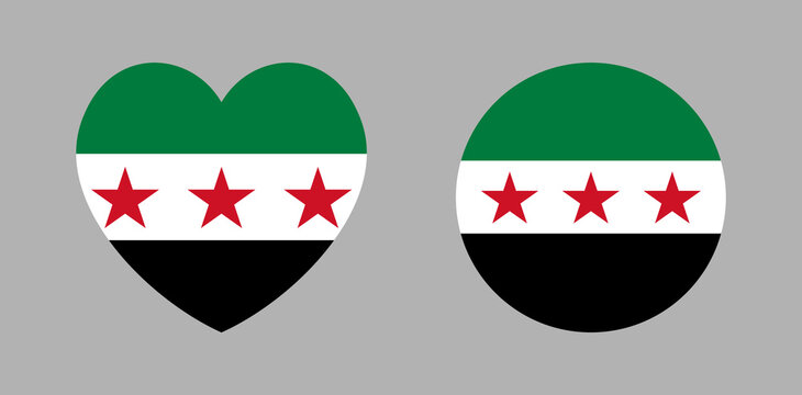 Syria country flag heart shaped, round sticker, button set. New circular, heart icon, background national flag of Syrian Arab republic. Syria flag badge, banner in circle, heart shape.