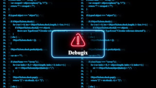 Software debugging concept with glowing warning and scrolling programming code on dark digital background