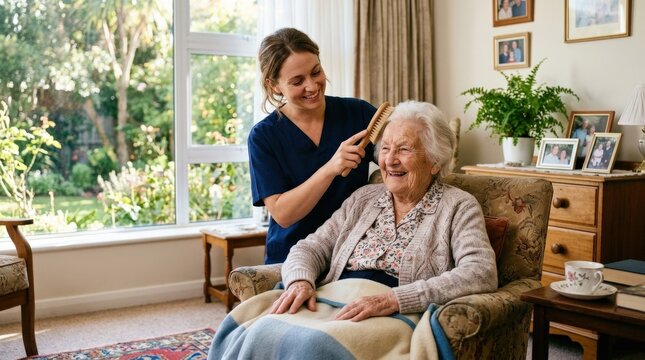 A volunteer caregiver gently brushing the hair of a smiling elderly woman in a bright retirement home room, warm natural light, dignified and compassionate morning grooming assistance atmosphere,