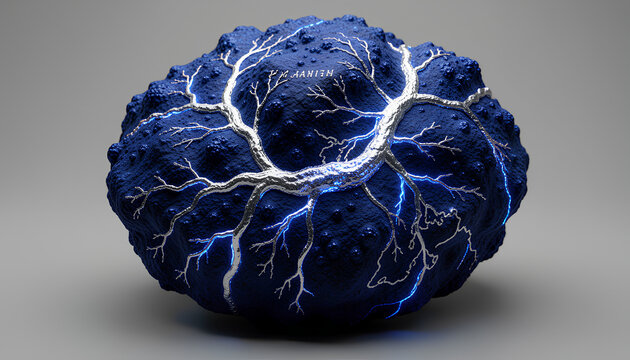 This ferromanganese nodule has a pitted surface like a meteorite with shiny silver cracks