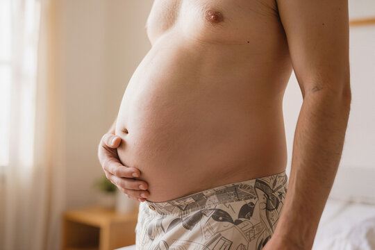 Overweight man holding large belly, obesity and weight gain concept, unhealthy lifestyle health risk