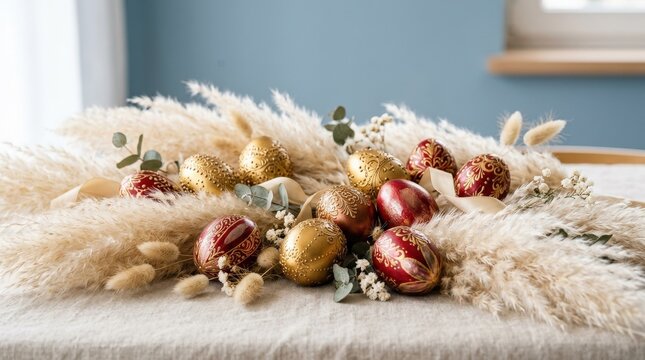 Gold and red Easter eggs resting among pale pampas plumes on a serene blue backdrop, soft textures, rich festive tones and graceful spring styling, bright diffused light and a luxurious holiday