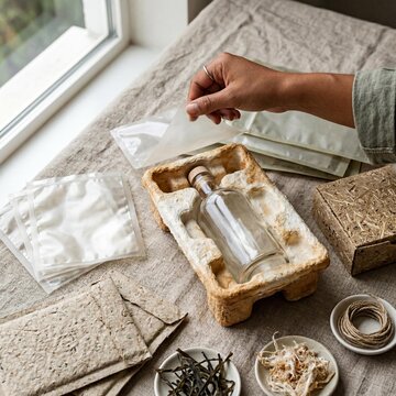 Eco packaging materials on raw linen with a hand testing seaweed film