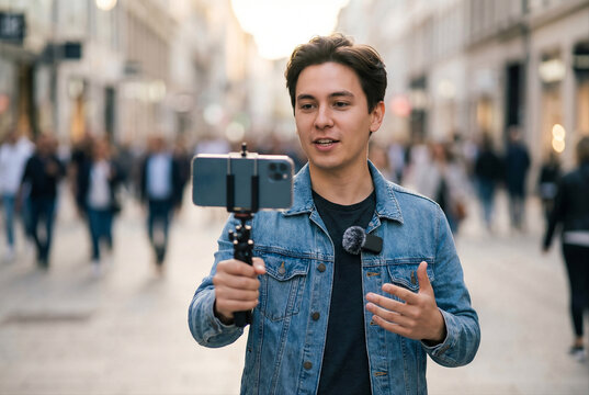 Young male influencer person livestreaming in public using smartphone and lapel microphone on busy city street for social media vlog