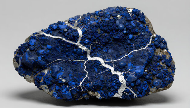 Close-up of a ferromanganese nodule showing dark blue-black stone and branching metallic veins