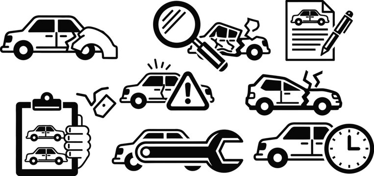 Cars icon set automotive repair insurance and vehicle maintenance symbols