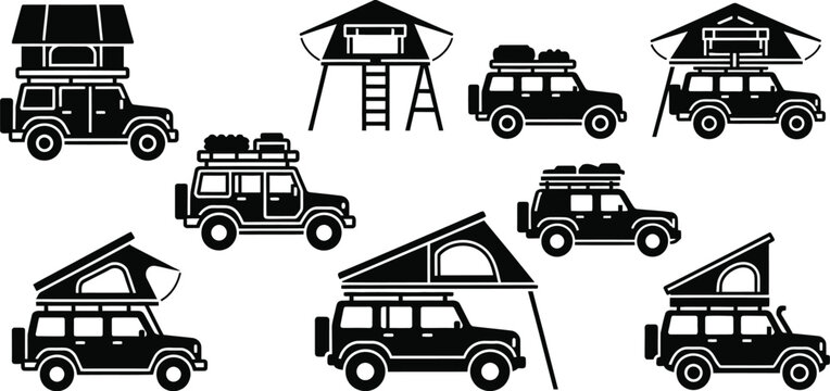 Cars icon set black silhouette collection of off road vehicles with roof tents
