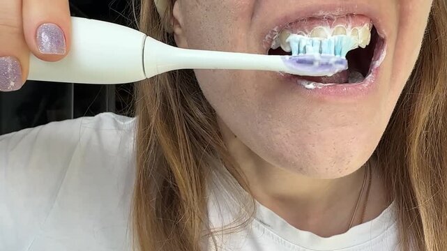 Close up of a female brushing her upper teeth with a modern white electric toothbrush, oral care, daily hygiene, morning routine.