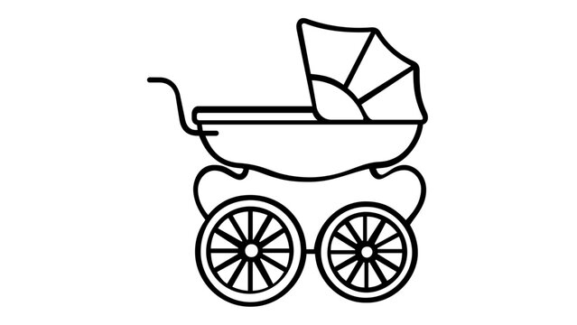 Minimalist black and white line art vector icon illusration of a classic vintag baby carriage pram for neborn transportation, idealfor nursery decor, parentig apps, and baby care braning.