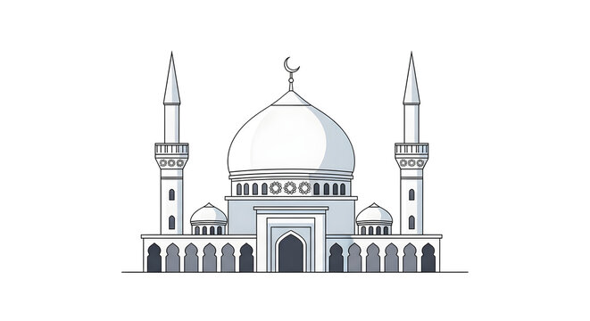 Minimalist grey and white mosque vector illustration with two minarets and a central dome featuring simple clean lines and geometric patterns isolated on a white background for modern Islamic design.