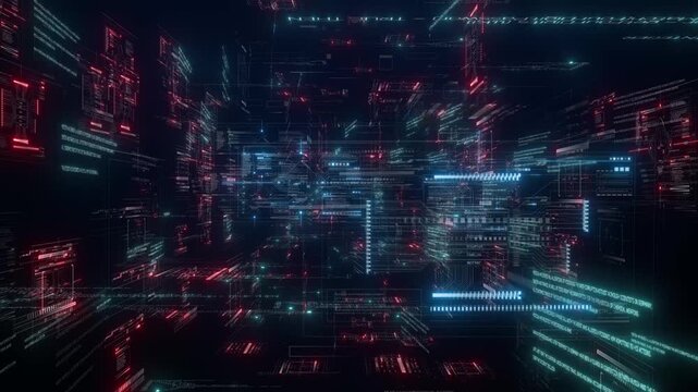 Immersive digital data stream with glowing red and blue lines and code fragments creating a sense of advanced technology and information flow