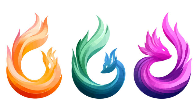 Three pixel-art style creatures with tails shaped like flame. Gradient color schemes. White background