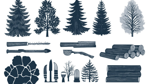 Stylized, monochromatic graphic illustrating trees, wood, and tools. Vector artwork on white background