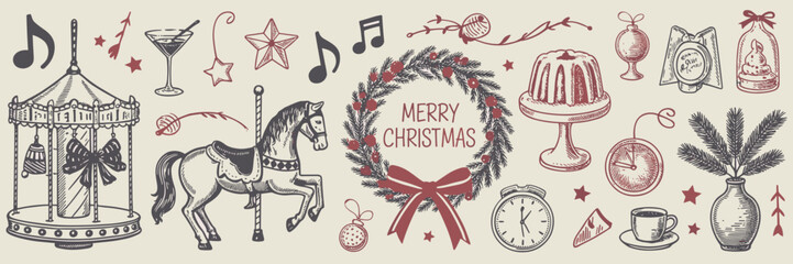 Hand drawn christmas collection with carousel horse wreath merry christmas text bundt cake alarm clock musical notes stars cocktail glass and pine branches in a vintage style on beige background © rina