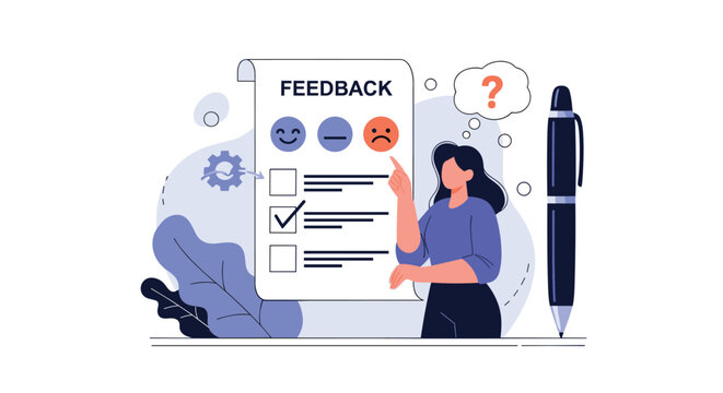 Professional woman points to negative face on customer feedback form while assessing service quality levels for business improvement.
