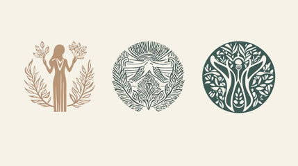 Obraz premium Three circular illustrations in muted tones. The first depicts a figure holding branches. The other two, plant-based designs