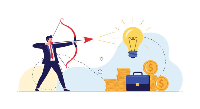 Businessman aims a bow and arrow at a glowing lightbulb idea above stacks of coins representing targeted investment and innovation goals.
