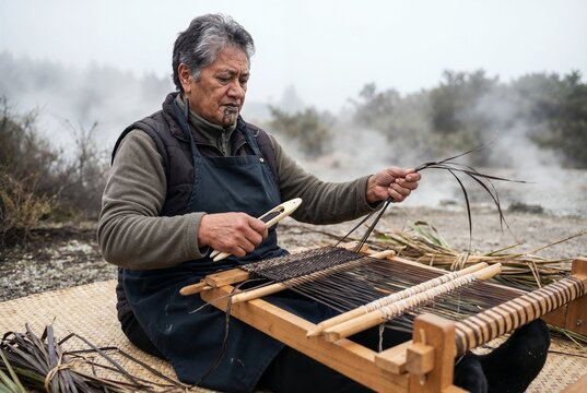 Indigenous Maori Woman Practicing Traditional Weaving in New Zealand