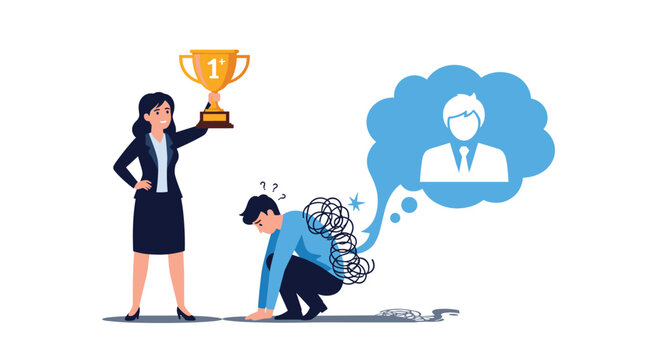 Successful woman holding a trophy while a defeated man crouches with a thought bubble of a different person.
